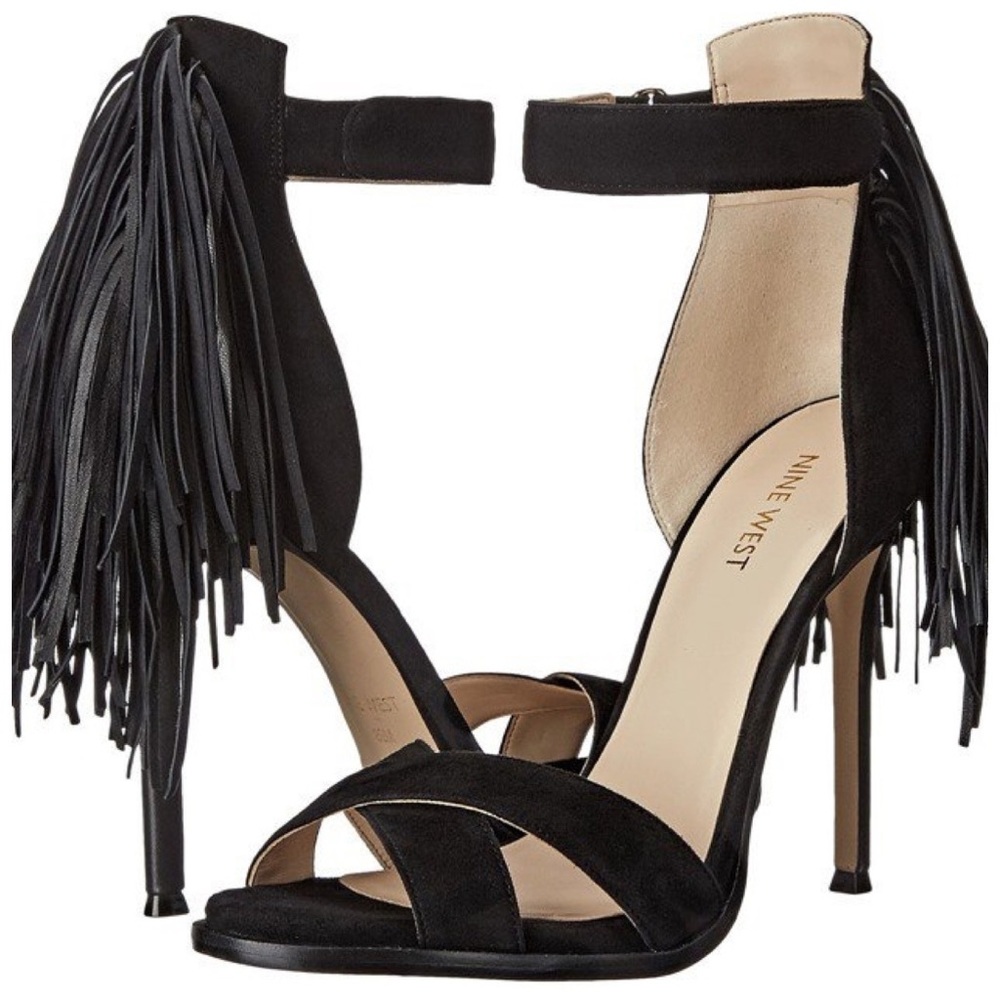 New 7.5 Nine West black fringe open toe heals - Picture 1 of 7